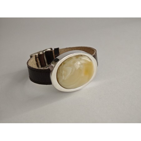 Bransoletka "Zegarek", bursztyn w srebrze na skórzanym pasku