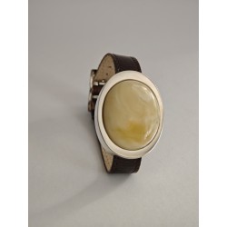Bransoletka "Zegarek", bursztyn w srebrze na skórzanym pasku
