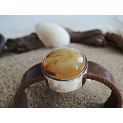 Bransoletka zegarek z bursztynem na grubym skórzanym pasku