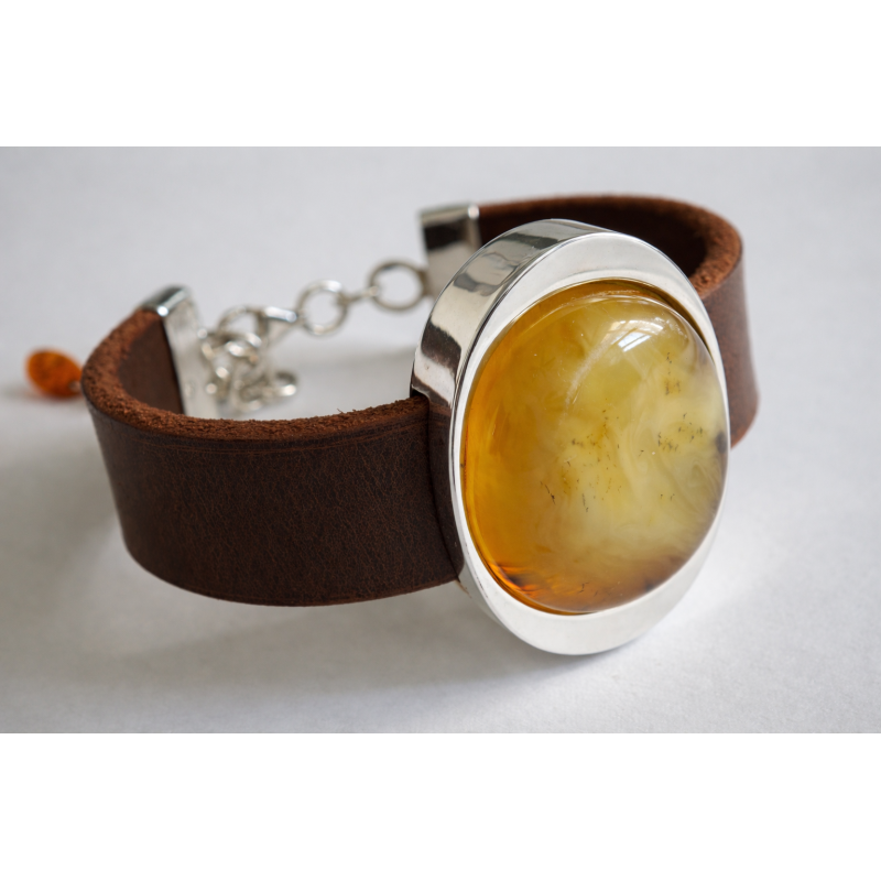 Bransoletka zegarek z bursztynem na grubym skórzanym pasku