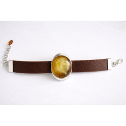 Watch bracelet with amber on thick leather strap | AmberWave