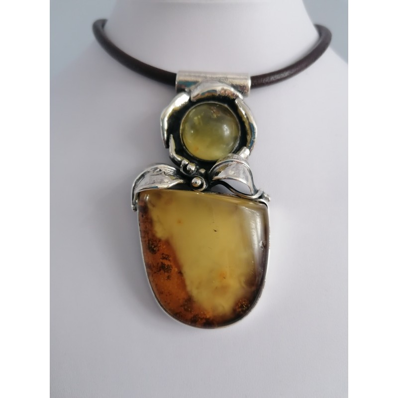 Pendant with two ambers on a leather cord | AmberWave