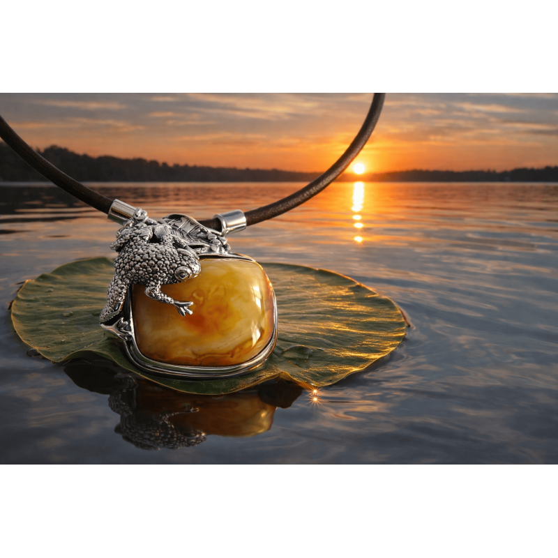 Unique pendant with frog and Baltic amber | AmberWave