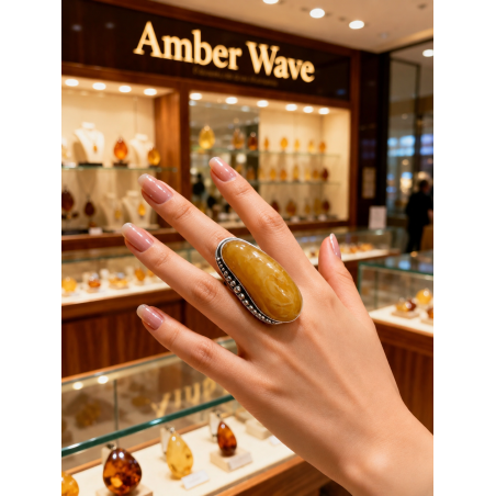 Large ring with beautiful amber in decorative setting