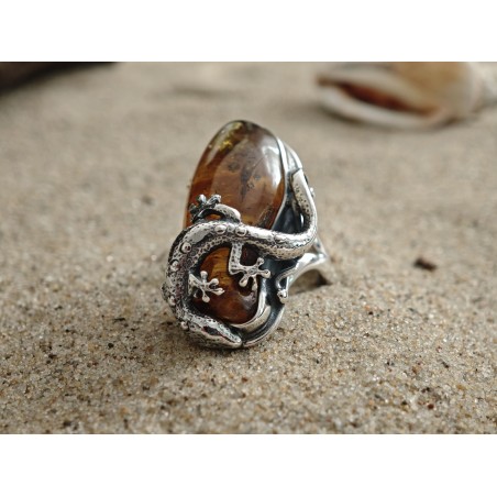 Anillo único con ámbar báltico y lagartija |AmberWave
