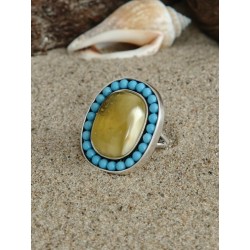 Anillo excepcional con ámbar miel y magnesita turquesa